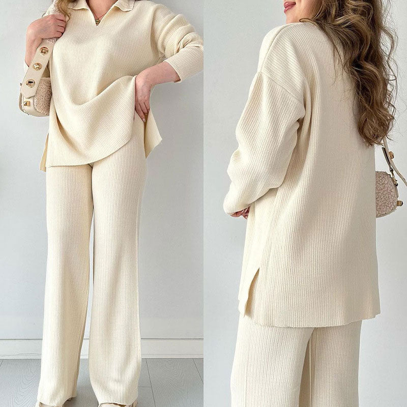 đ„LIVRAISON GRATUITEđ„Costume en tricot extensible confortable Ă col en V pour femme (haut + pantalon)