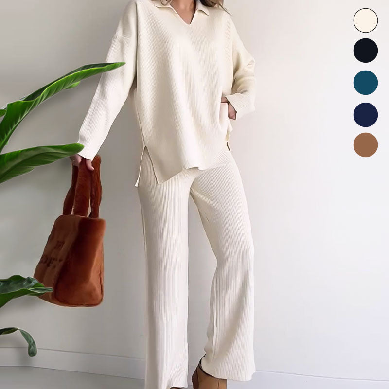 đ„LIVRAISON GRATUITEđ„Costume en tricot extensible confortable Ă col en V pour femme (haut + pantalon)