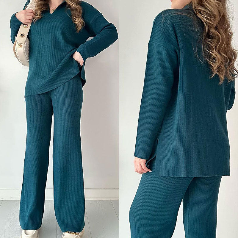 đ„LIVRAISON GRATUITEđ„Costume en tricot extensible confortable Ă col en V pour femme (haut + pantalon)