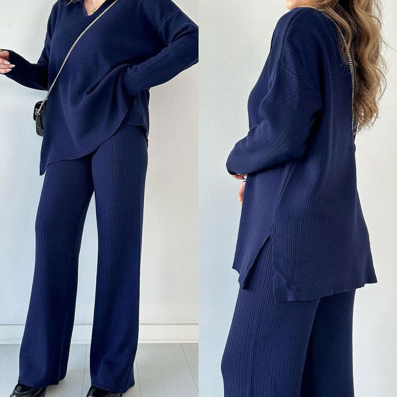 đ„LIVRAISON GRATUITEđ„Costume en tricot extensible confortable Ă col en V pour femme (haut + pantalon)