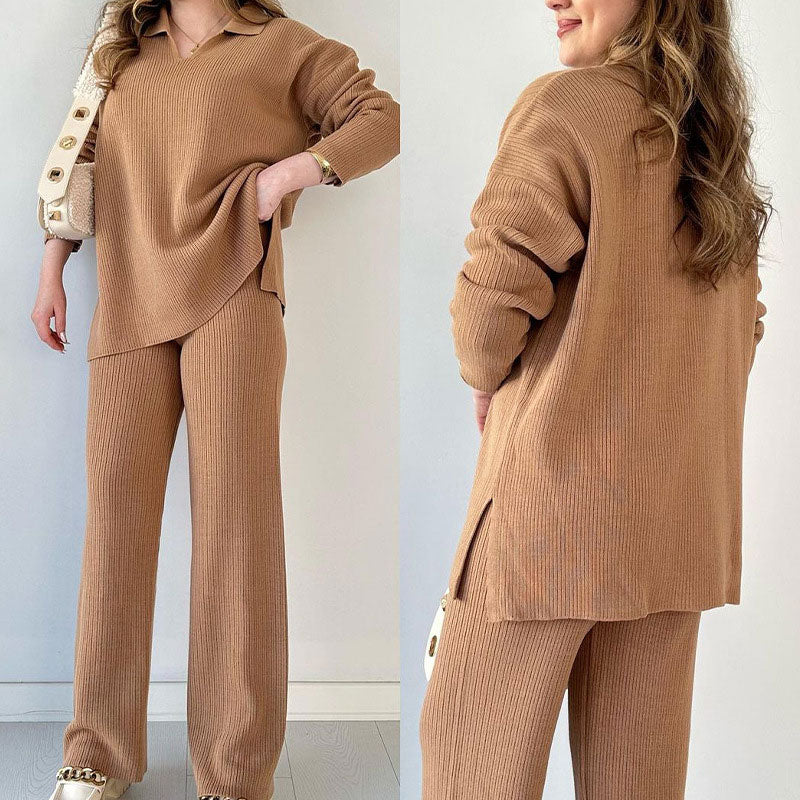 đ„LIVRAISON GRATUITEđ„Costume en tricot extensible confortable Ă col en V pour femme (haut + pantalon)