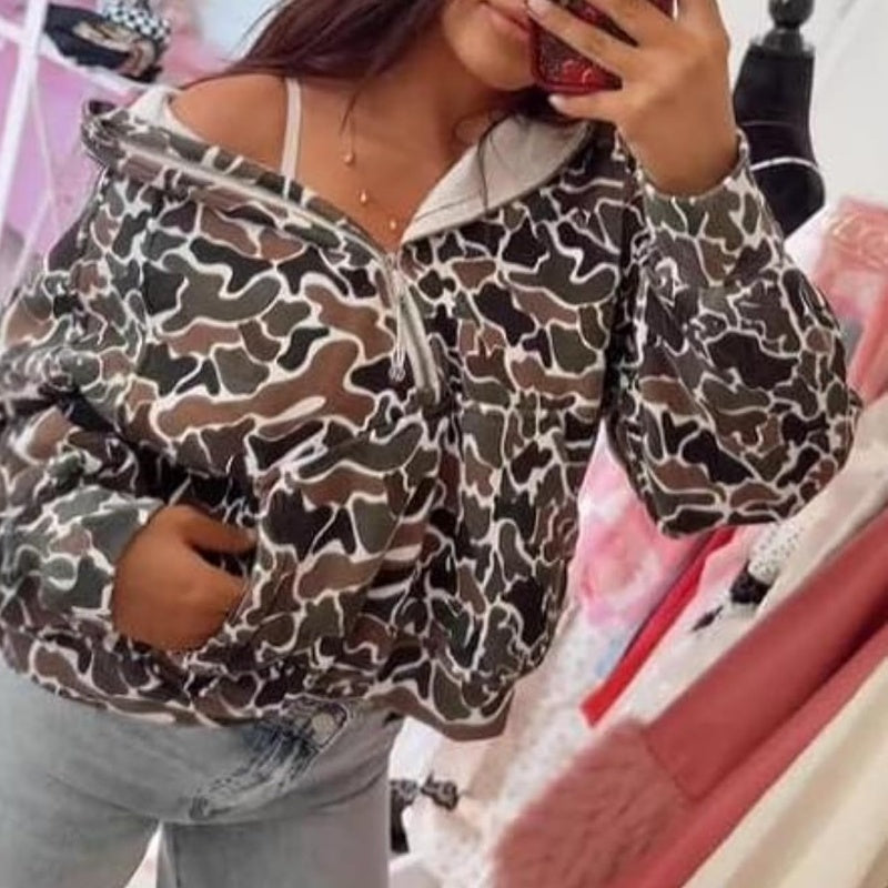 Sweat à capuche imprimé camouflage avec fermeture éclair quart de longueur