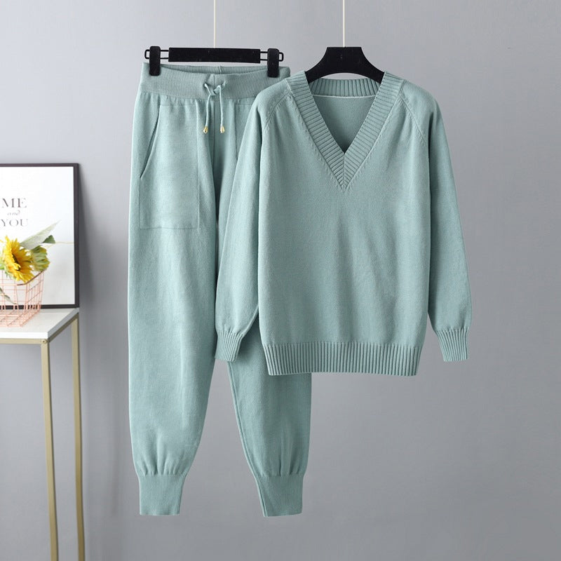 Ensemble 2 Pièces pour Femme – Pull Col en V & Pantalon Taille Haute