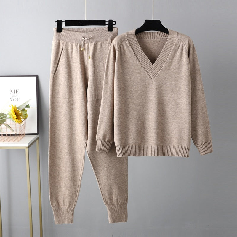 Ensemble 2 Pièces pour Femme – Pull Col en V & Pantalon Taille Haute