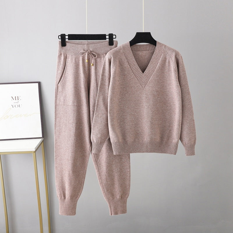 Ensemble 2 Pièces pour Femme – Pull Col en V & Pantalon Taille Haute