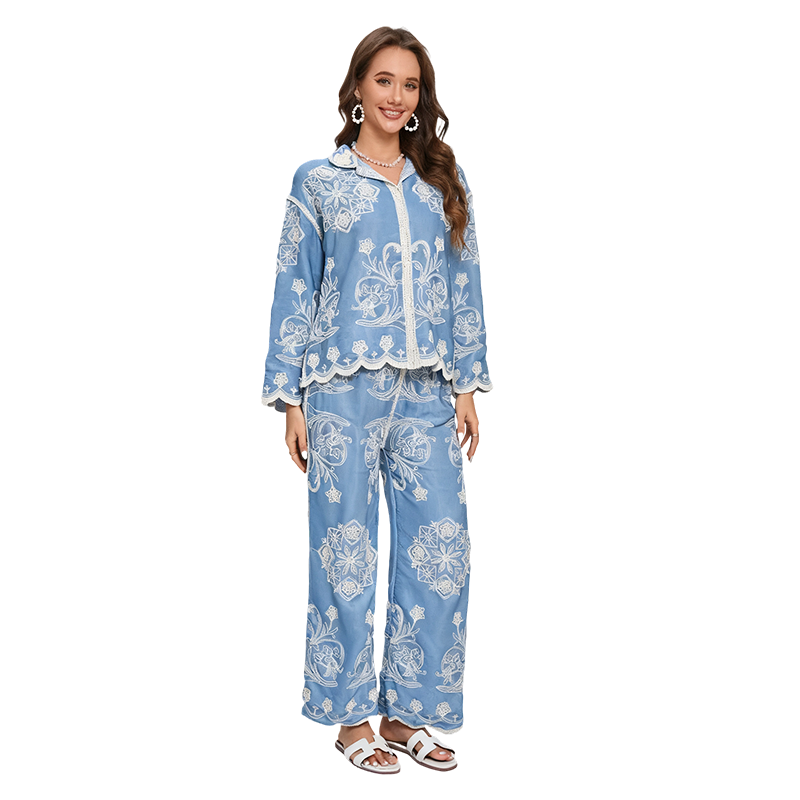 💥Offre à durée limitée : 50 % de réduction sur l'ensemble 2 pièces brodé bleu pour femme