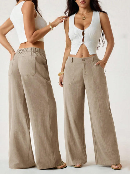 Damen Palazzo-Hose aus Baumwoll-Leinen-Mischgewebe, sommerlich fließend, weit geschnitten, gerades Bein, mit Tasche, lässige, einfarbige Loungehose mit weichem, elastischem Bund und hohem Bund.
