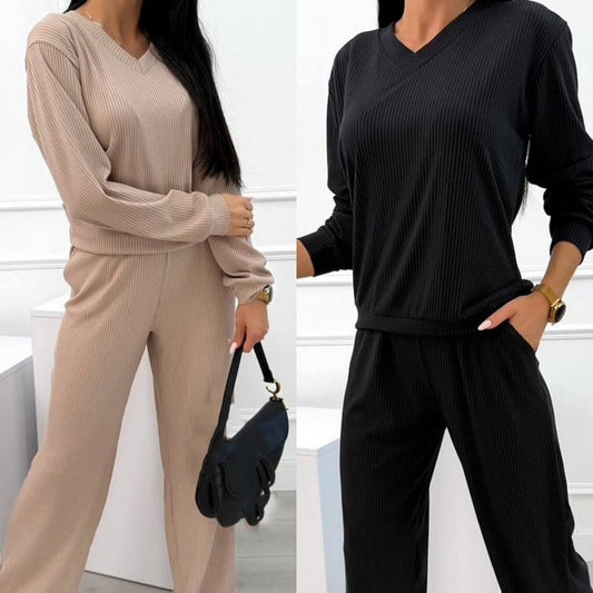 🌟Nouveautés : 50 % de réduction-Ensemble haut rayé à col en V et pantalon large