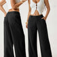 Damen Palazzo-Hose aus Baumwoll-Leinen-Mischgewebe, sommerlich fließend, weit geschnitten, gerades Bein, mit Tasche, lässige, einfarbige Loungehose mit weichem, elastischem Bund und hohem Bund.