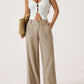 Damen Palazzo-Hose aus Baumwoll-Leinen-Mischgewebe, sommerlich fließend, weit geschnitten, gerades Bein, mit Tasche, lässige, einfarbige Loungehose mit weichem, elastischem Bund und hohem Bund.