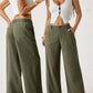 Damen Palazzo-Hose aus Baumwoll-Leinen-Mischgewebe, sommerlich fließend, weit geschnitten, gerades Bein, mit Tasche, lässige, einfarbige Loungehose mit weichem, elastischem Bund und hohem Bund.