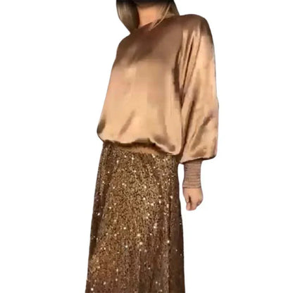 🔥Big Sale 50% OFF🔥Women's Long Sleeve Top & Sequin Maxi Skirt Two-Piece Set