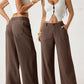 Damen Palazzo-Hose aus Baumwoll-Leinen-Mischgewebe, sommerlich fließend, weit geschnitten, gerades Bein, mit Tasche, lässige, einfarbige Loungehose mit weichem, elastischem Bund und hohem Bund.