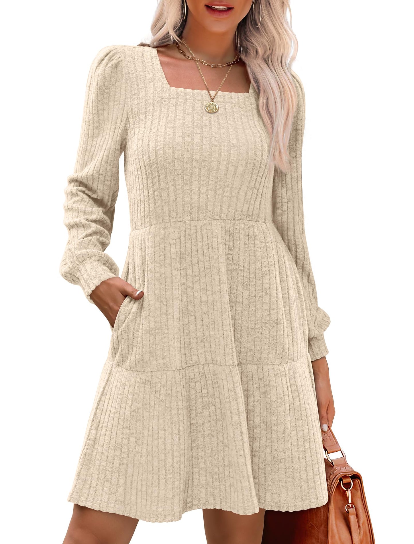 🍂Automne 2025 Nouveau style 49 % de réduction⏰Robe côtelée à encolure carrée et manches lanternes pour femme