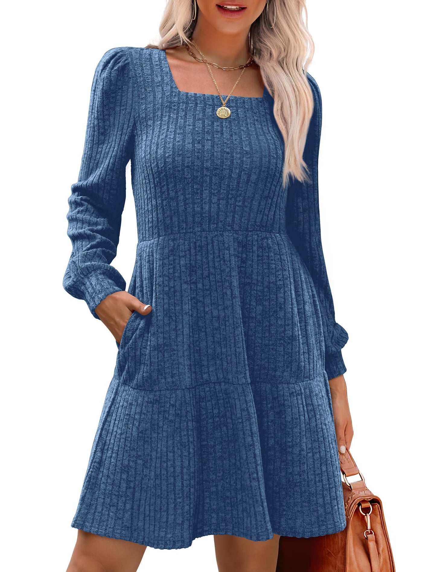 🍂Automne 2025 Nouveau style 49 % de réduction⏰Robe côtelée à encolure carrée et manches lanternes pour femme