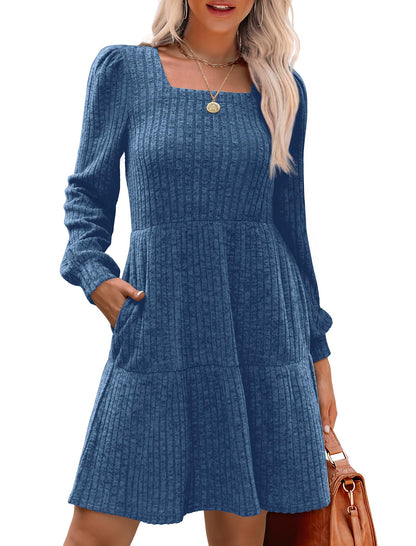 🍂Automne 2025 Nouveau style 49 % de réduction⏰Robe côtelée à encolure carrée et manches lanternes pour femme