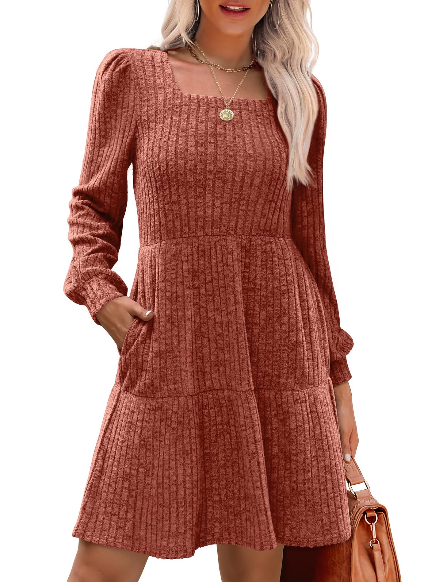 🍂Automne 2025 Nouveau style 49 % de réduction⏰Robe côtelée à encolure carrée et manches lanternes pour femme