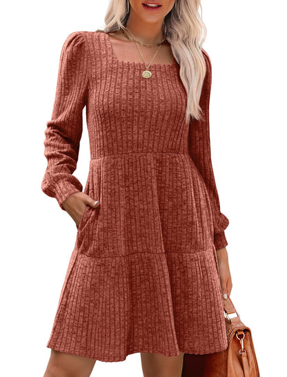🍂Automne 2025 Nouveau style 49 % de réduction⏰Robe côtelée à encolure carrée et manches lanternes pour femme