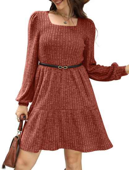 🍂Automne 2025 Nouveau style 49 % de réduction⏰Robe côtelée à encolure carrée et manches lanternes pour femme
