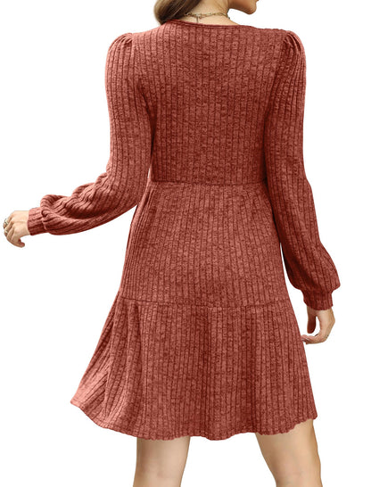 🍂Automne 2025 Nouveau style 49 % de réduction⏰Robe côtelée à encolure carrée et manches lanternes pour femme