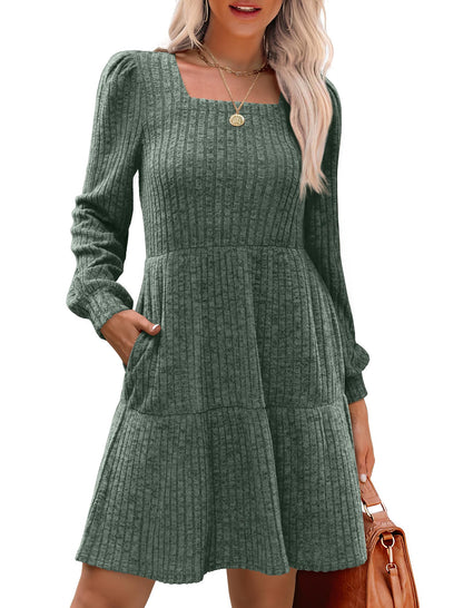 🍂Automne 2025 Nouveau style 49 % de réduction⏰Robe côtelée à encolure carrée et manches lanternes pour femme