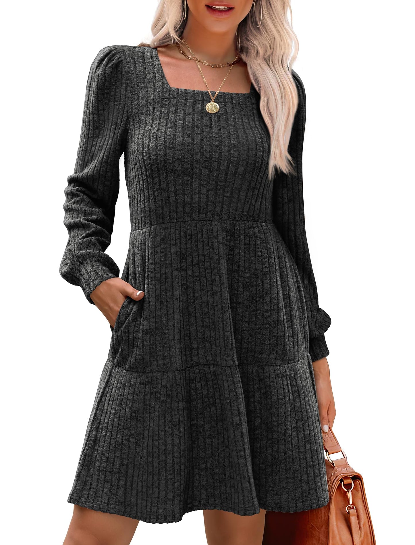 🍂Automne 2025 Nouveau style 49 % de réduction⏰Robe côtelée à encolure carrée et manches lanternes pour femme