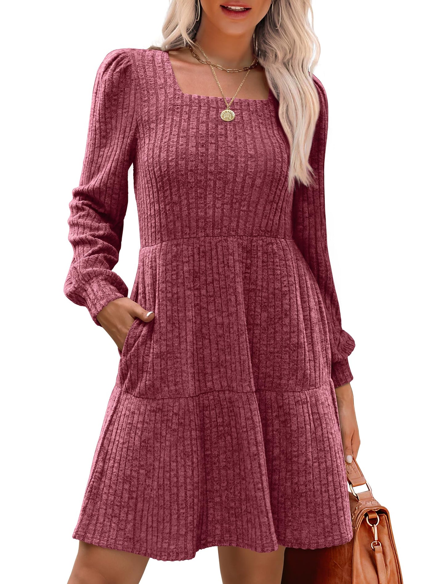 🍂Automne 2025 Nouveau style 49 % de réduction⏰Robe côtelée à encolure carrée et manches lanternes pour femme