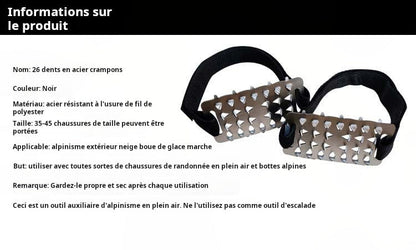 Crampons 26 Dents Acier Manganèse 🥾 | Plaques Antidérapantes en Acier Inoxydable ⚙️ | Pour Glace, Neige, Boue & Escalade ❄️🧗 | Compatibles avec Surchaussures
