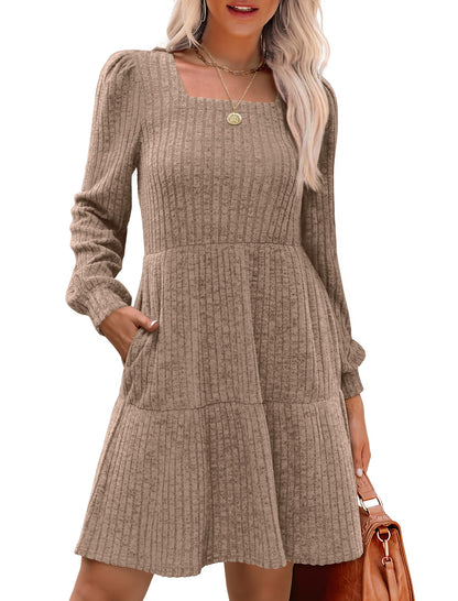 🍂Automne 2025 Nouveau style 49 % de réduction⏰Robe côtelée à encolure carrée et manches lanternes pour femme