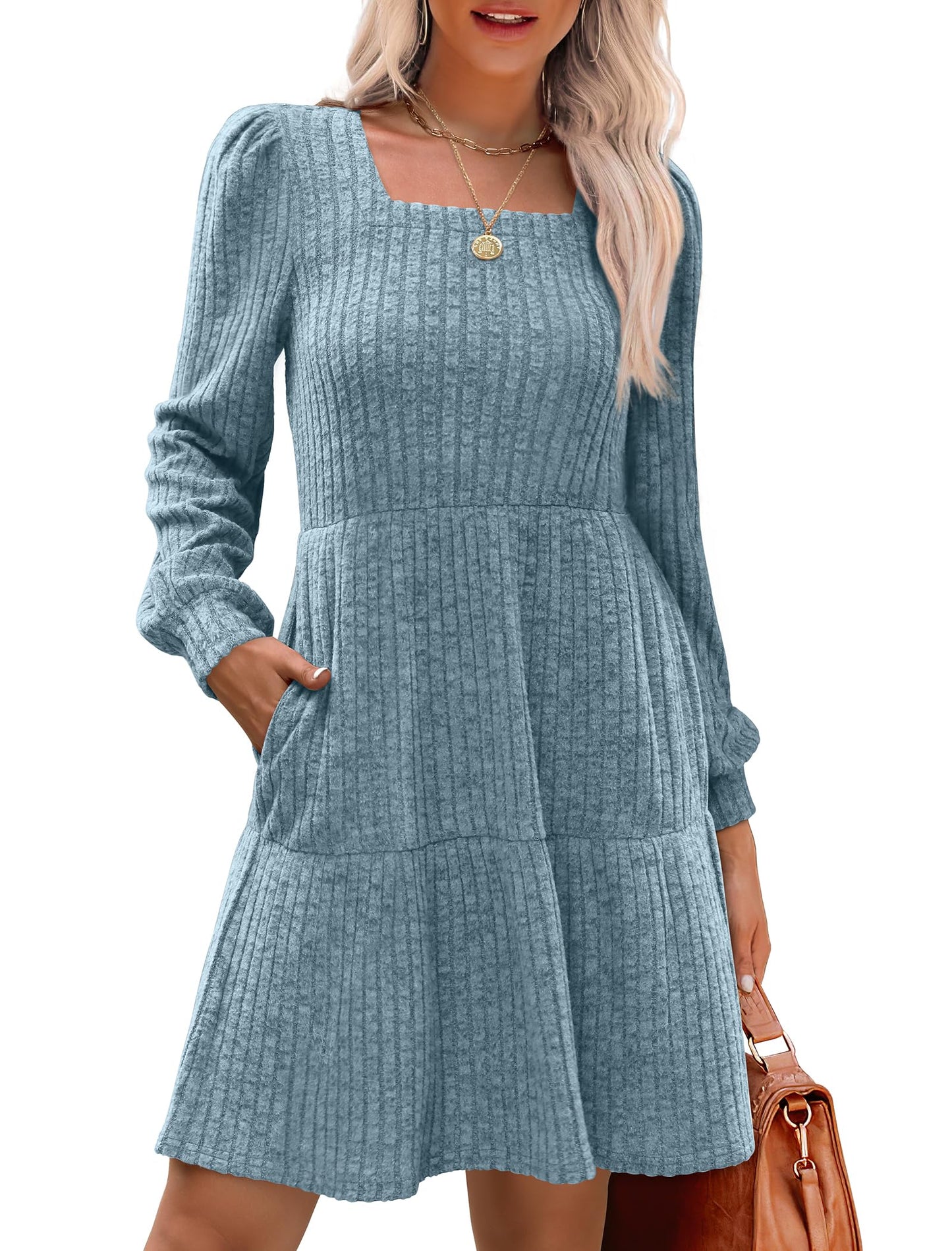 🍂Automne 2025 Nouveau style 49 % de réduction⏰Robe côtelée à encolure carrée et manches lanternes pour femme