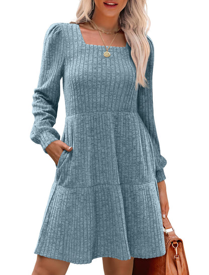 🍂Automne 2025 Nouveau style 49 % de réduction⏰Robe côtelée à encolure carrée et manches lanternes pour femme