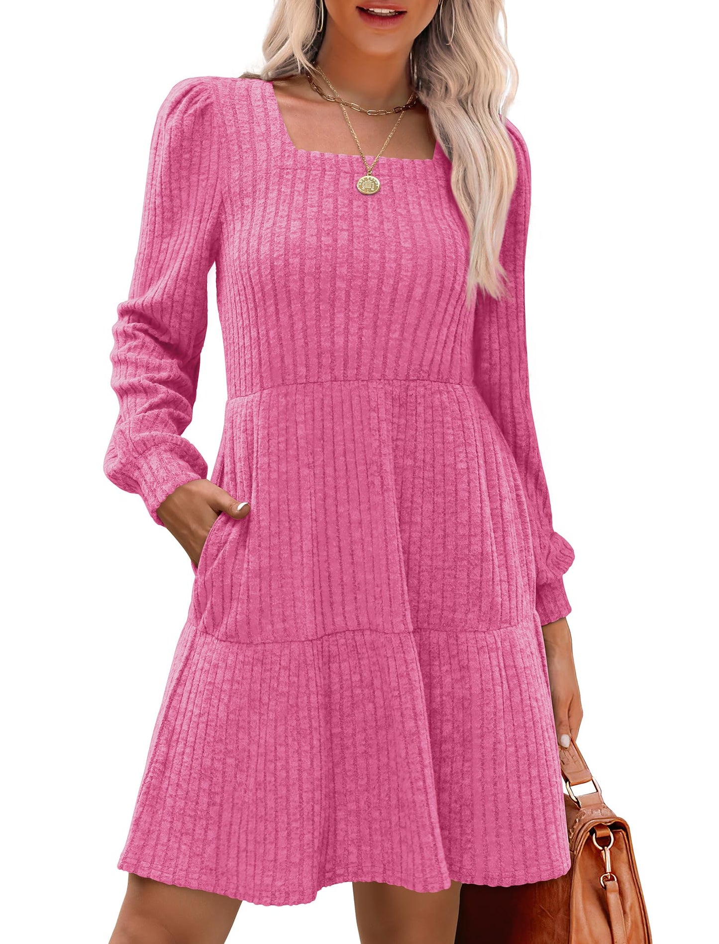 🍂Automne 2025 Nouveau style 49 % de réduction⏰Robe côtelée à encolure carrée et manches lanternes pour femme