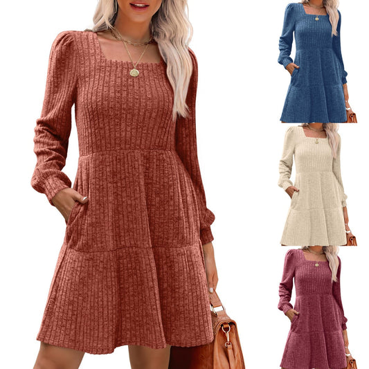 🍂Automne 2025 Nouveau style 49 % de réduction⏰Robe côtelée à encolure carrée et manches lanternes pour femme