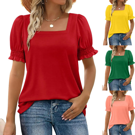🔥Direktverkauf ab Werk🔥Lässiges Damen-T-Shirt mit quadratischem Ausschnitt und gerüschten Ärmeln