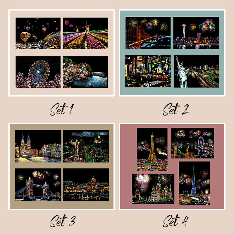 🔥Offre à durée limitée-Ensemble de 4 Tableaux à Gratter Créatifs avec Outil