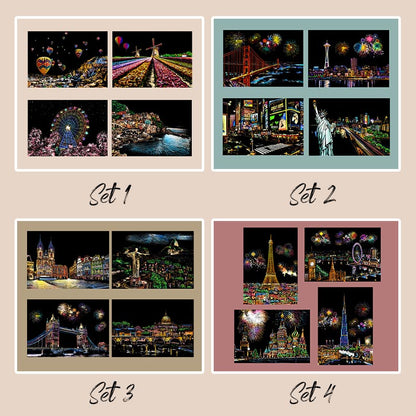 🔥Offre à durée limitée-Ensemble de 4 Tableaux à Gratter Créatifs avec Outil