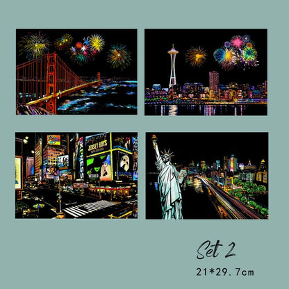 🔥Offre à durée limitée-Ensemble de 4 Tableaux à Gratter Créatifs avec Outil