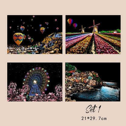 🔥Offre à durée limitée-Ensemble de 4 Tableaux à Gratter Créatifs avec Outil