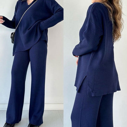 🔥LIVRAISON GRATUITE🔥Costume en tricot extensible confortable à col en V pour femme (haut + pantalon)