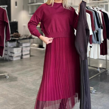 🔥Big Sale 50% OFF🔥Women's Casual Patchwork Pleated Sweatshirt Dress