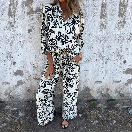 🔥Big Sale 50% OFF🔥Women’s Stylish Print Lapel Button Shirt and Wide-leg Pants 2-piece Set