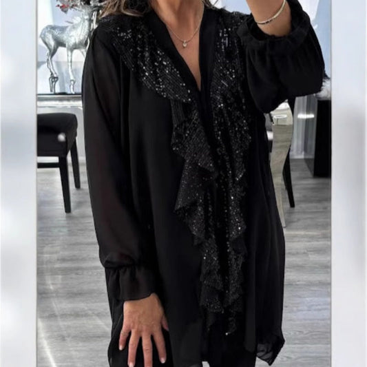 🔥2025 NEW SALES - 50% OFF🔥Women's V-Neck Chiffon Sequin Long Sleeve Shirt