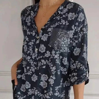 🔥2025 NEW SALES - 50% OFF🔥Women's Floral Print Long Sleeve Blouse with Sequin Pocket🌸