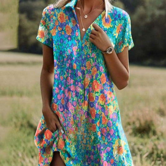 🥰Neujahrsangebote🥰Stilvolles, bedrucktes Freizeitkleid mit V-Ausschnitt für Damen🌸 Lässiger Sommer-Chic ☀️