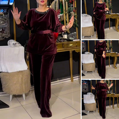 Ensemble 2 pièces : haut col rond orné de strass et pantalon à jambes larges