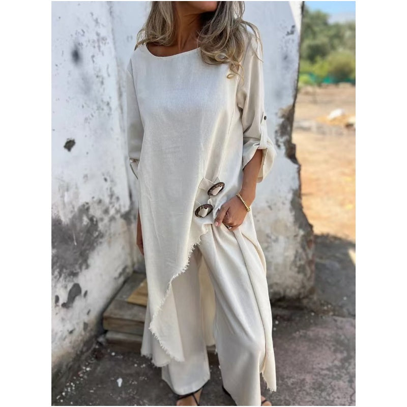 🌸Offres spéciales printemps🌸 Robe irrégulière et pantalon ample pour femme (ensemble 2 pièces)