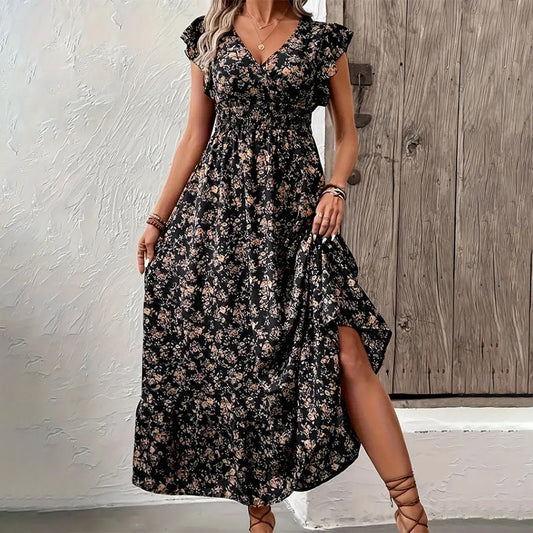 Robe longue fluide à col en V et motif floral