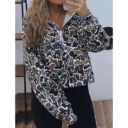 Sweat à capuche imprimé camouflage avec fermeture éclair quart de longueur