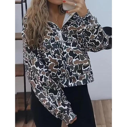 Sweat à capuche imprimé camouflage avec fermeture éclair quart de longueur