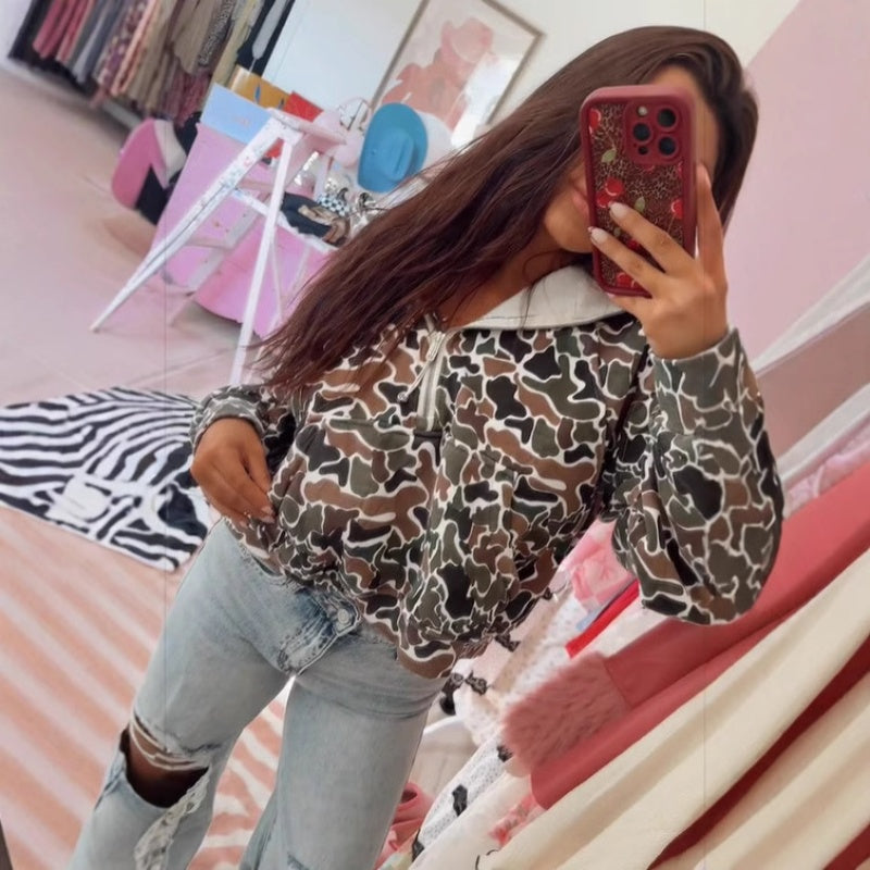 Sweat à capuche imprimé camouflage avec fermeture éclair quart de longueur